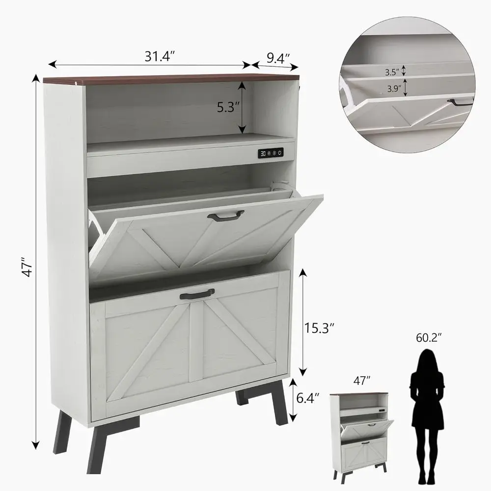 Shoe Storage Cabinet, Deodorizing Shoe Cabinet with Ventilation, 2 lip Ders&Adjustable Shel, Narrow White Tall Cabinet or Entryw