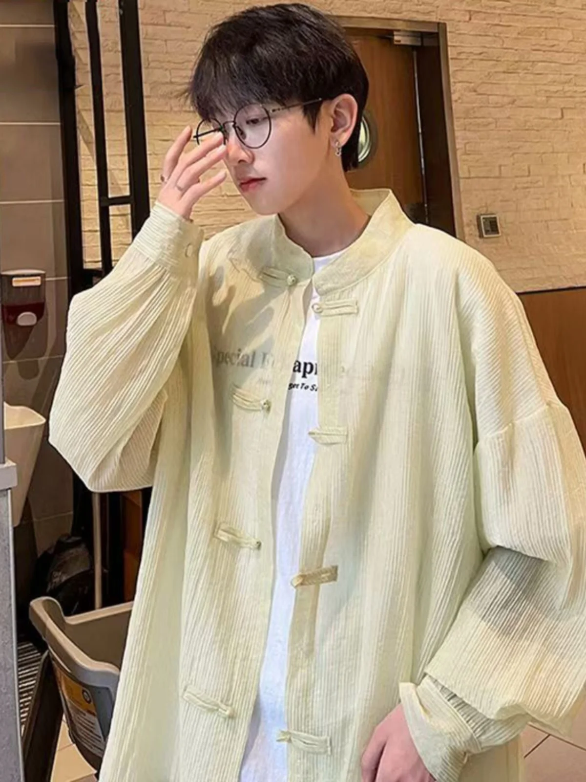 

Autumn Large Size 300 Pou New Chinese Button Men's Thin American Retro Trendy Long Sve irt Jaet Pure Color Loose Fit