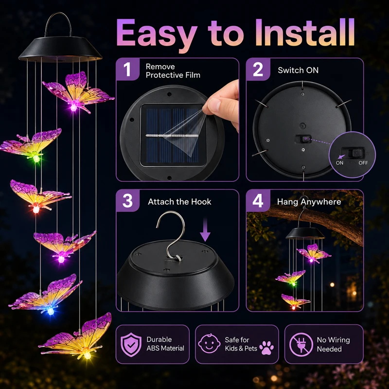Solar-powered hanging butterfly lights, bright and warm, perfect for creating a cosy atmosphere in the garden