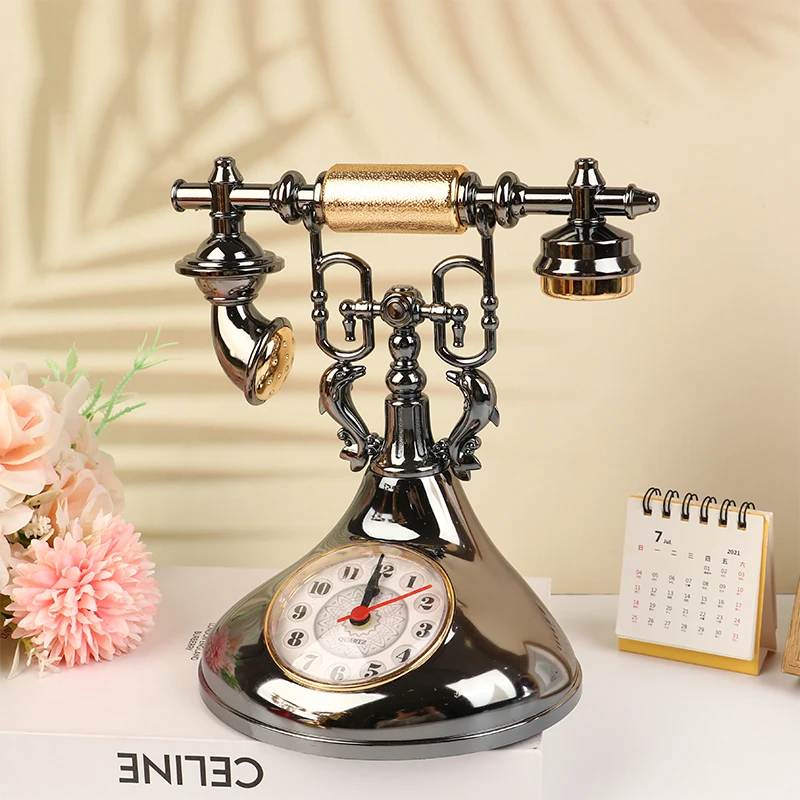 1pc For Home Room Bedside Table Decoration Retro Alarm Clock Telephone Model Creative Timekeeper Desktop Ornament