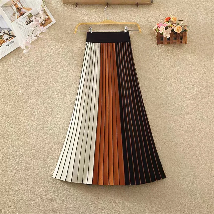 

Gowyimmes 2025 Big Size Fashion Women Midi-Long Striped Knitted Skirt Slim All-match Lady High Waist Hip Package Bottomings 1841
