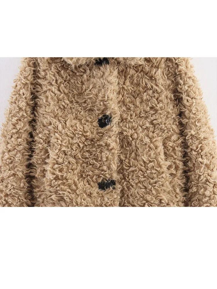 HH Women's Winter New Fashion Lapel Fur Integrated Lamb Fur Short Jacket Female Solid High Street Casual Pocket Warm Jacket