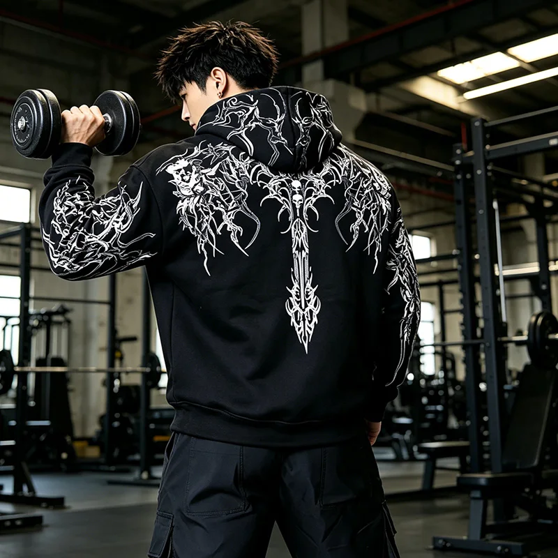 2026 Model Men's Hooded Sweatshirt with 3D Skull Print for Autumn/winter Street Punk Sportswear Comfortable for Fitness Exercise