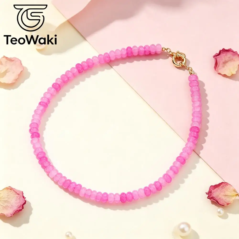 TeoWaki Natural Stone Dainty Fuchsia Crackle Crystal Flat Beads Necklace Steering Wheel Soft Tone Collarbone Accessory Gift 40cm
