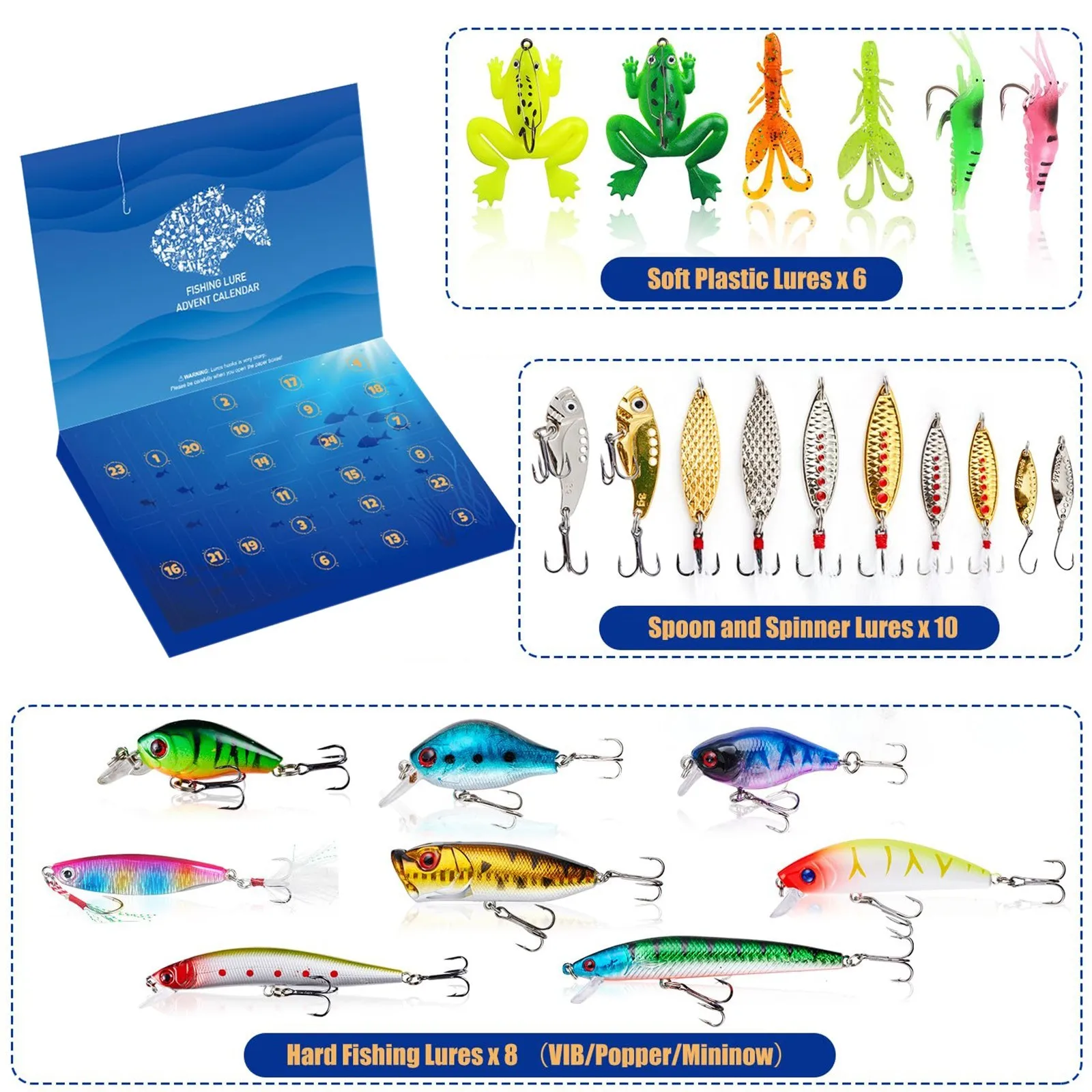 Regali per le vacanze di Natale Scatola cieca Esche da pesca Set Esche da lancio lunghe Attrezzatura da pesca regalo per pescatori Ragazzi Giocattoli da pesca
