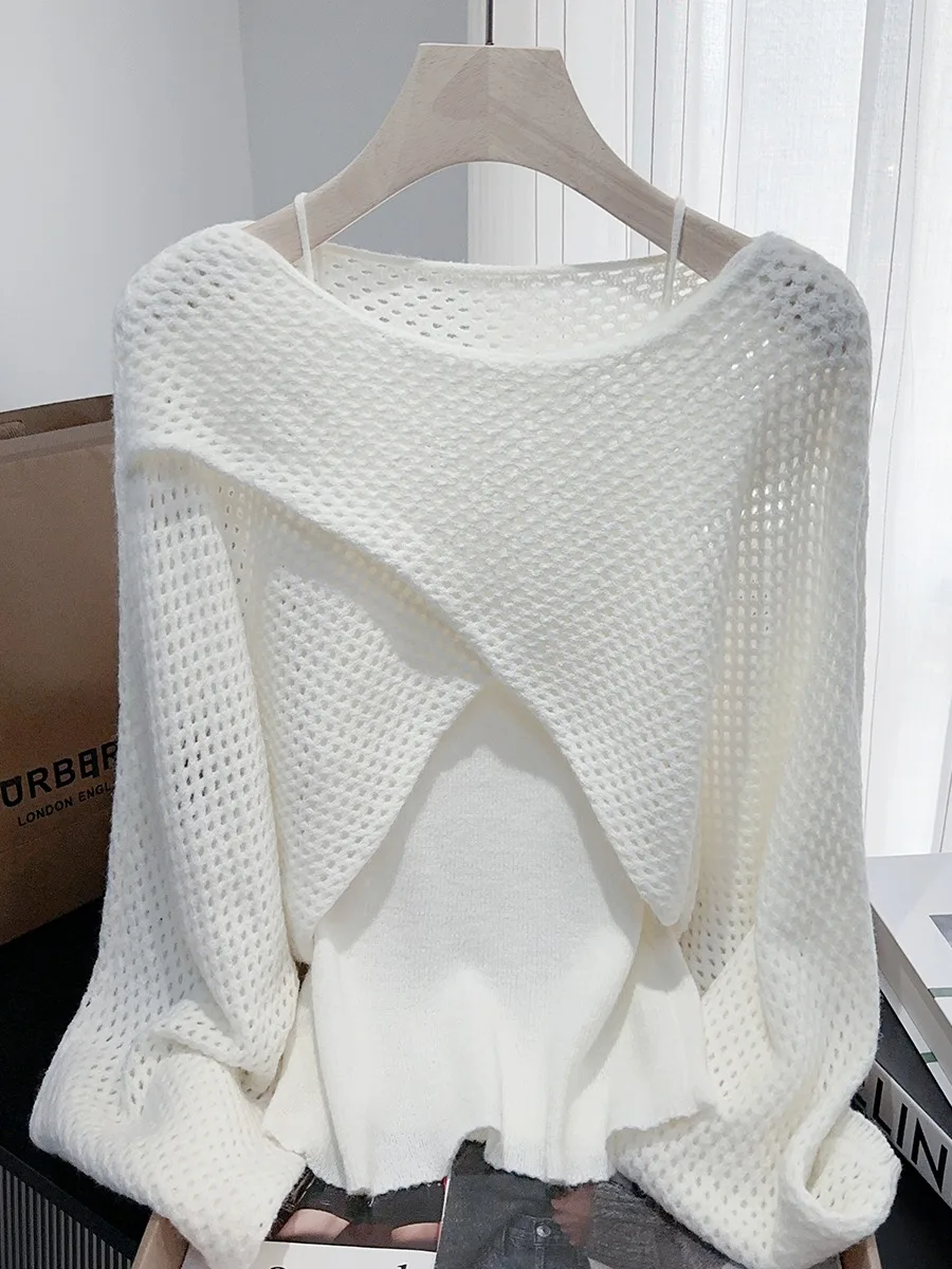 

Spring Autumn Faion Knitted Sweater Set Women's Loose Hollow out Top Versatile Knitwear Sweet Sle Long Sve round Ne ...