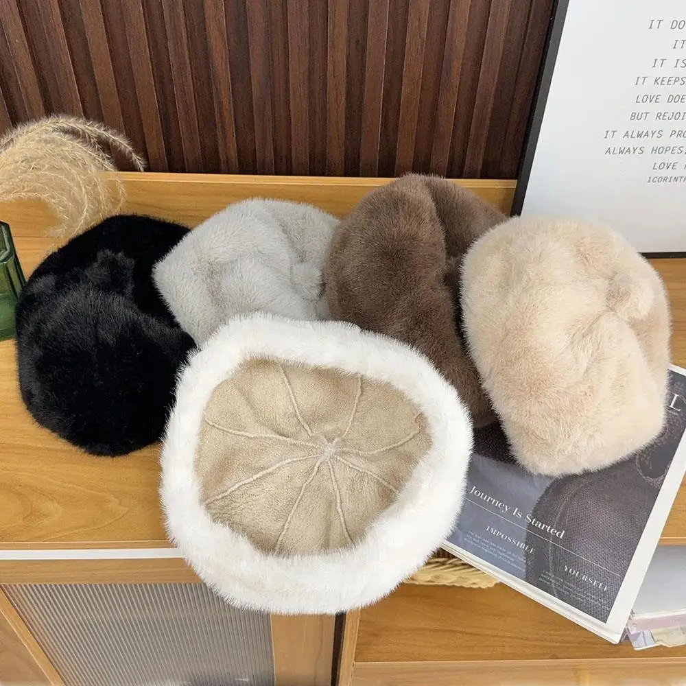 Inverno mais quente boinas de pelúcia para mulheres imitação de pele de vison chapéu engrossar francês quente peludo pintor chapéu feminino meninas boné presente de natal