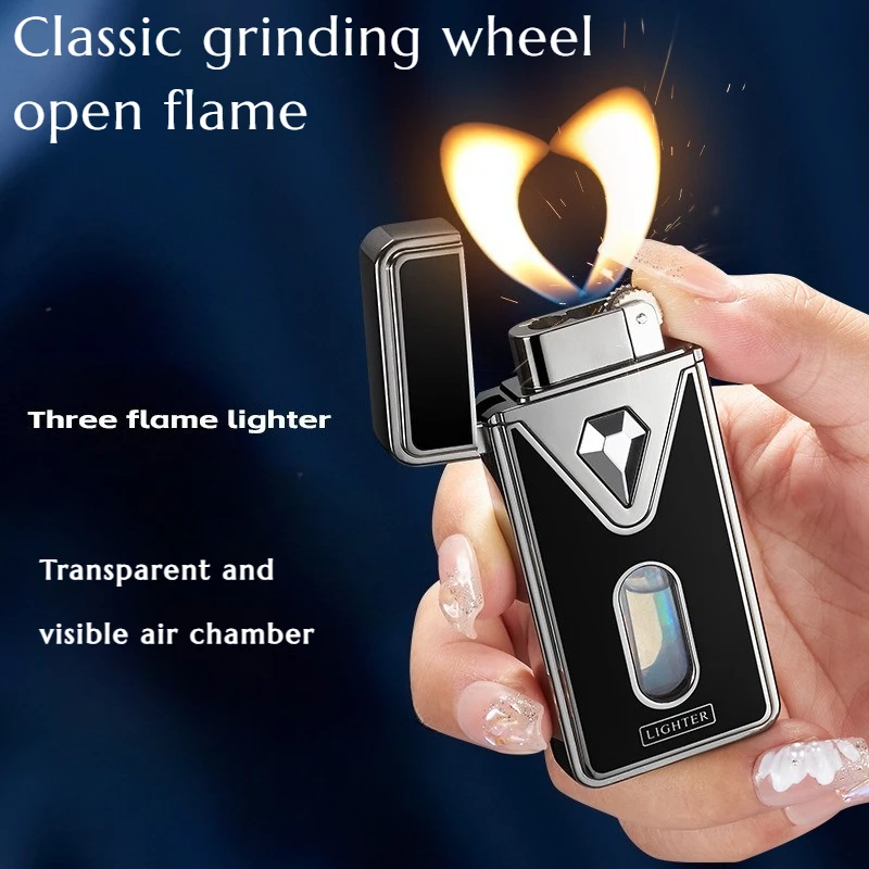 

3-flame Changing Grinding Wheel Dual-flame Lighter Portable One-click Conversion Visual Air Chamber Creative Gifts