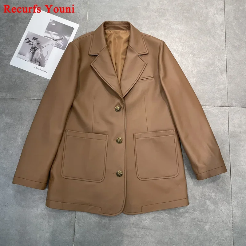 Women Leather Jacket 2023 Korean Ladies Oversize Loose Coat Streetwear Kurtki Mujer Tailored Collar Big Pocket Brown Blazers