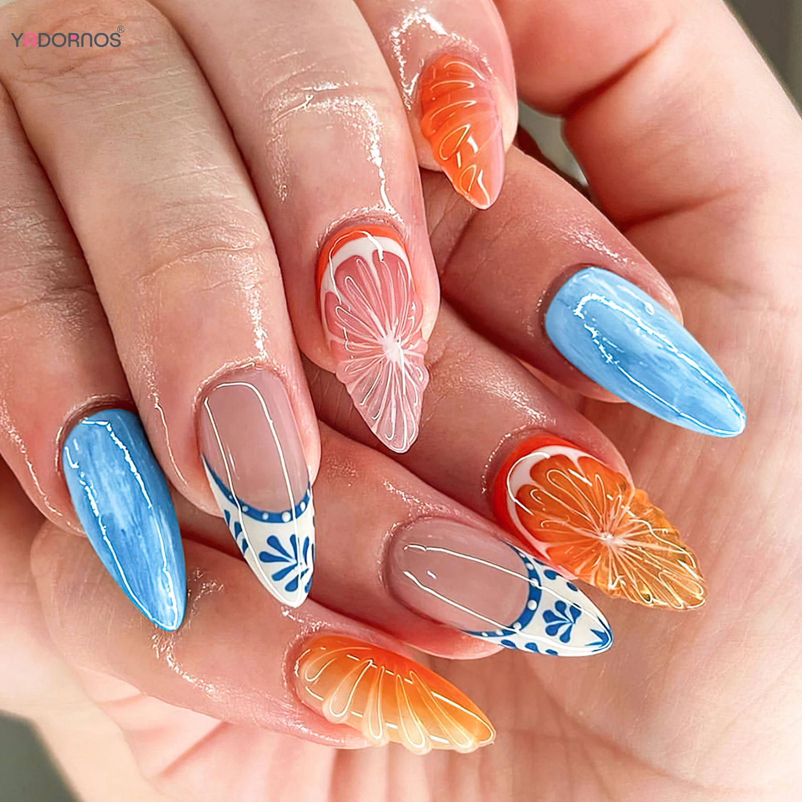 Sommer handgemachte gefälschte Nägel 3d orange Frucht Design Mandel presse auf Nägeln blau Französisch Stil falsche Nägel Tipps Charms Maniküre 10pcs