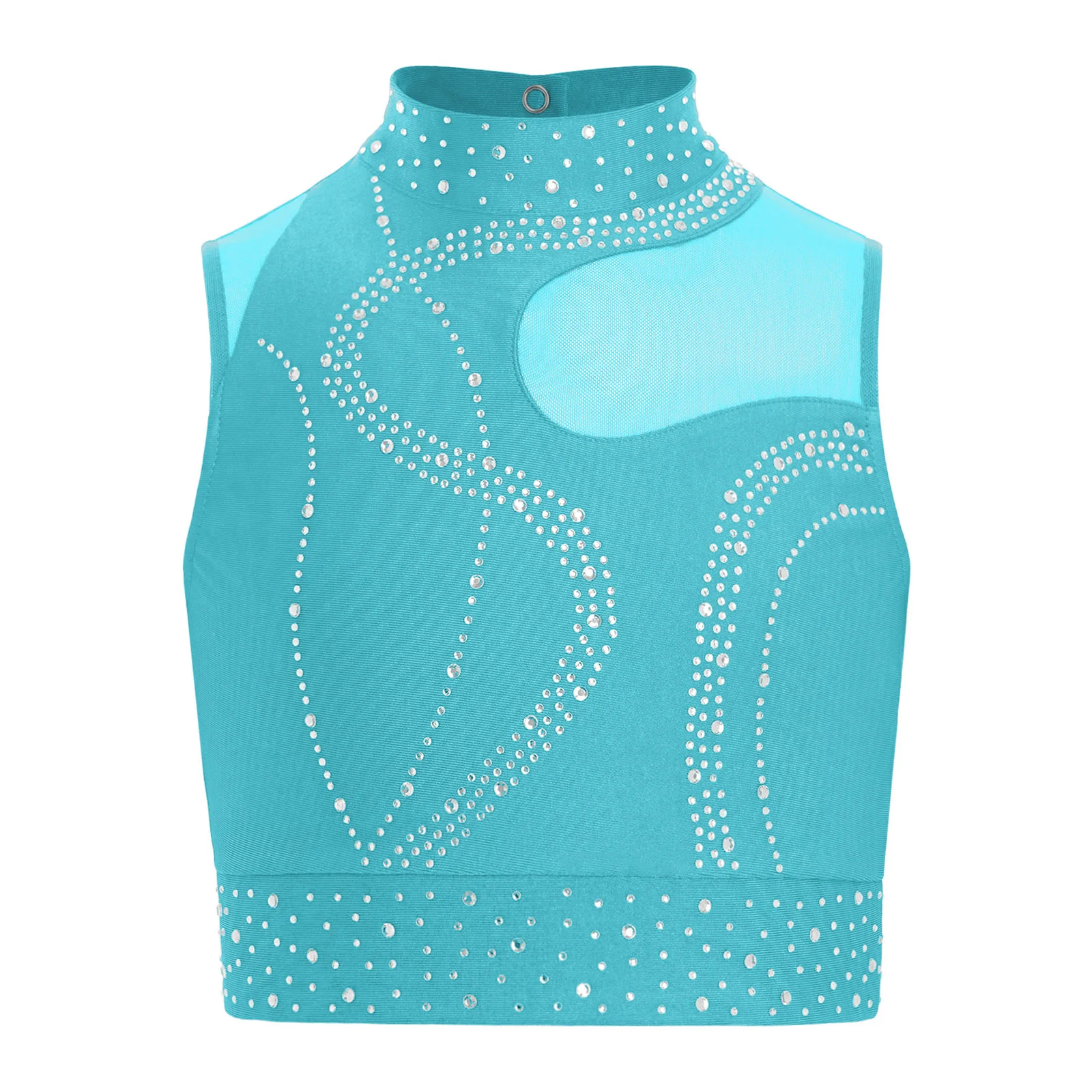 

Kids Girls Gymnastics Dance Tops Mock Neck Sleeveless Keyhole Back Sheer Mesh Patchwork Crop Top for Ballet Practice Competition