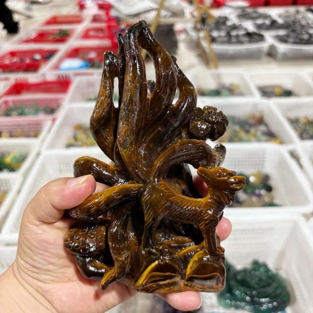Natural Yellow Tiger Eye Stone Nine-Tailed Fox Hollowed-Out Carving Polished Reiki Healing Feng Shui Energy Room Decor Gift
