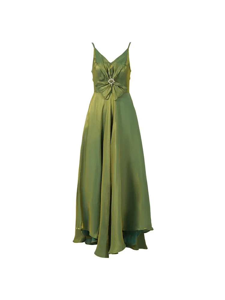 Chic Stylish Sexy Dress 2024 Summer French V-Neck Butterfly Knot Irregular Hem Green Bodycon Long Dresses for Women vestidos