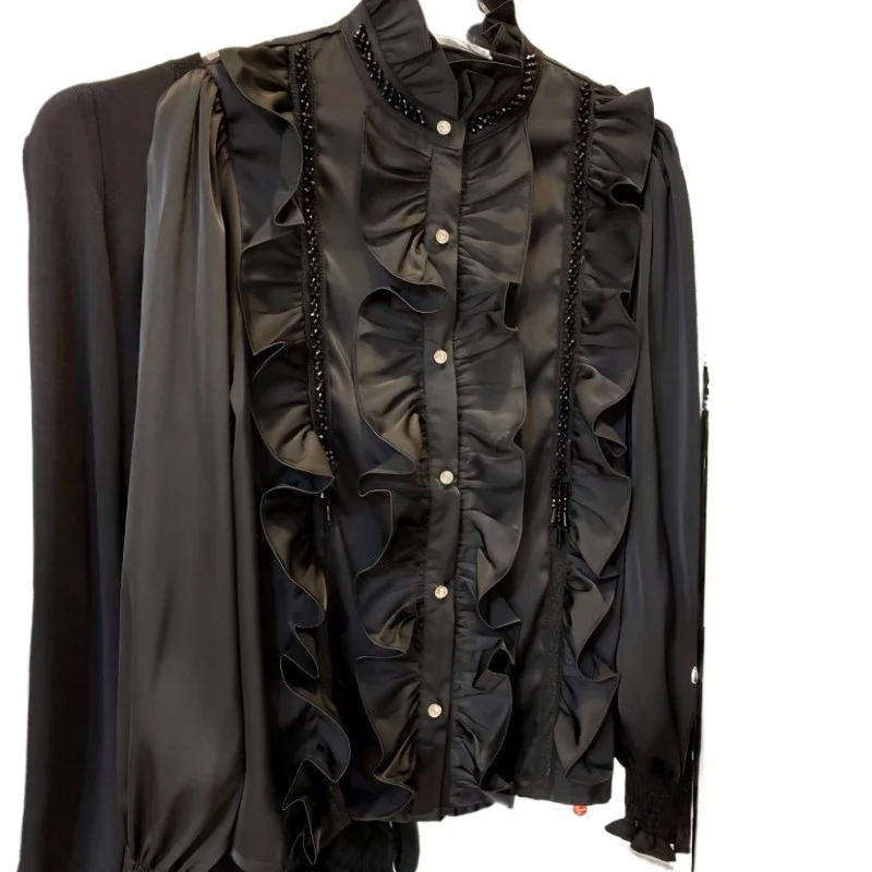 2026  Spring New Nail Bead Ruffle Edge Loose Temperament Commuting Shirt Court Style Chiffon Shirt Autumn Top Women's Clothing