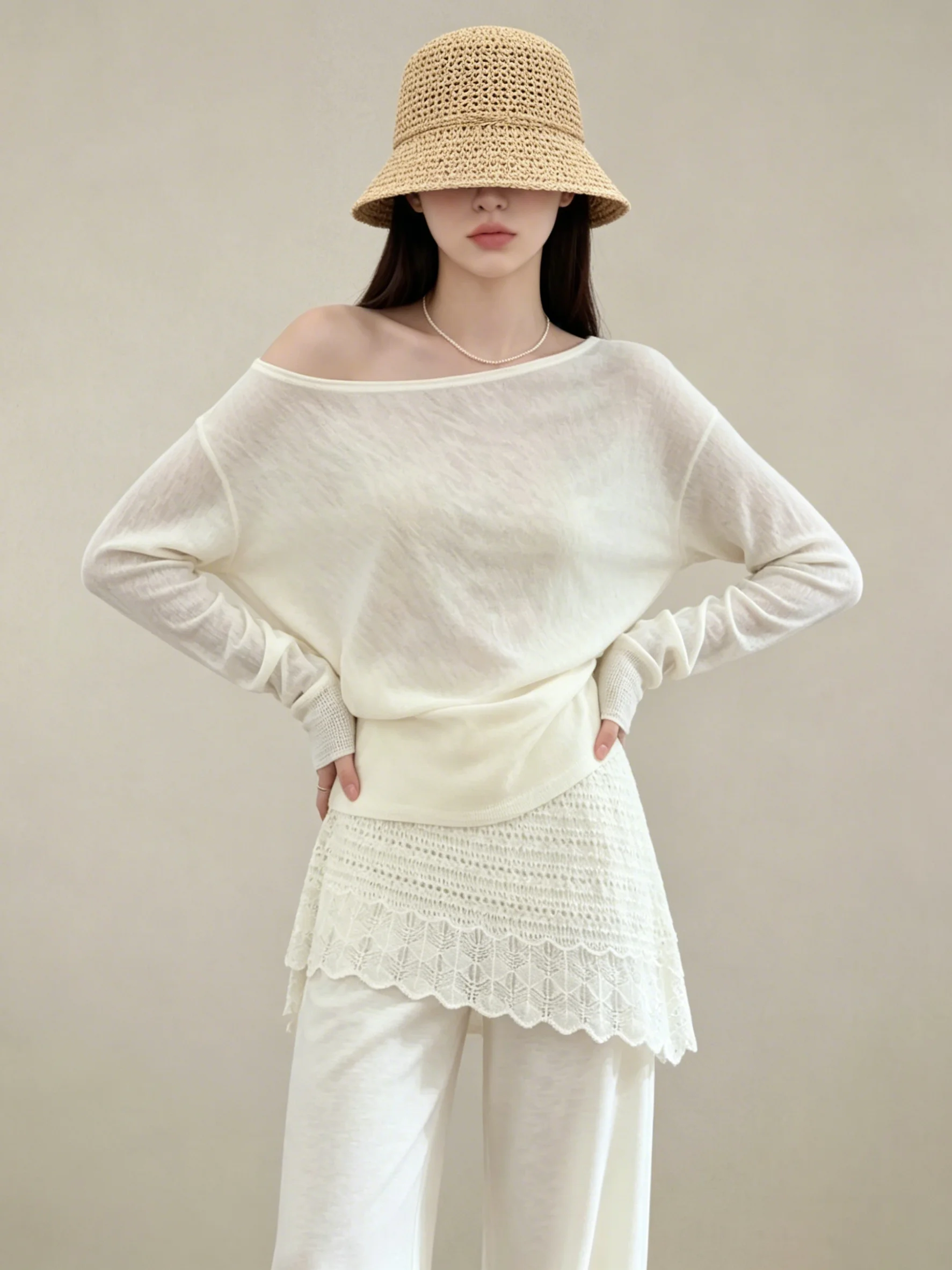 

Laid-back Style White Asymmetrical Shoulder Top And Pants Set Summer Fashion High-waisted Long Pants Casual Loose Fit Ensemble