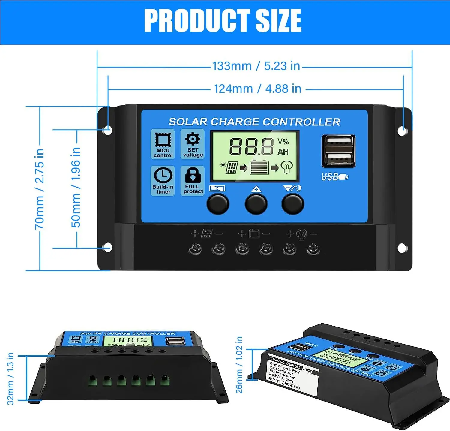 Solar Charge Controller 12V/24V PWM 10A 30A with Adjustable LCD Display Timer Setting ﻿