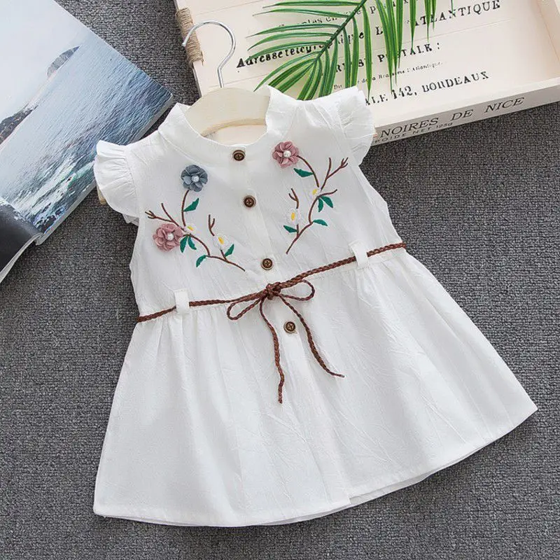 Summer Girls Sleeveless Dress Cute Sweet Cotton Vest Flower  Embroidered Princess Dress For 1-4 Y