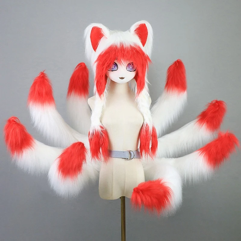Rojo blanco hecho a mano nueve colas de zorro de peluche LOL cola Anime Lolita Cosplay cola de zorro peluda Halloween carnaval accesorios de disfraz