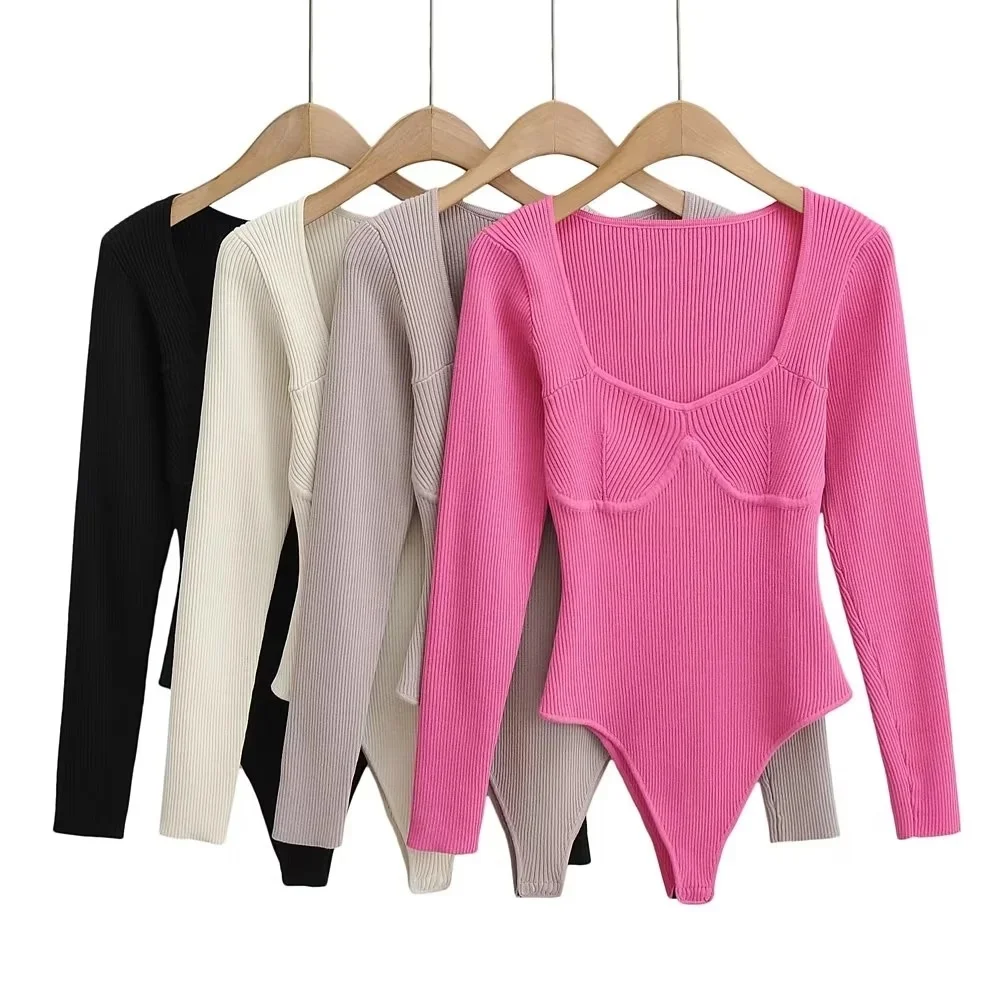 Square Neck  Women Sexy Knit Bodysuit Long Sleeve Female Overalls Sweater Bodysuits Elastic Open Knitting Jumpsuit