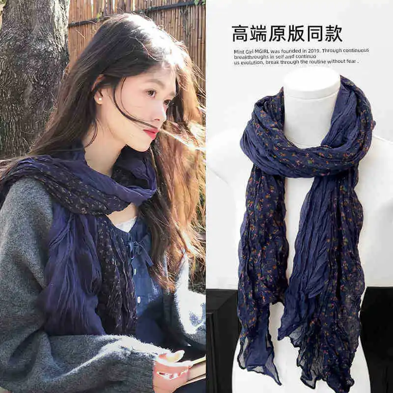 

Cotton and linen floral pleated scarf, photography atmosphere thin shawl, neck protection scarf