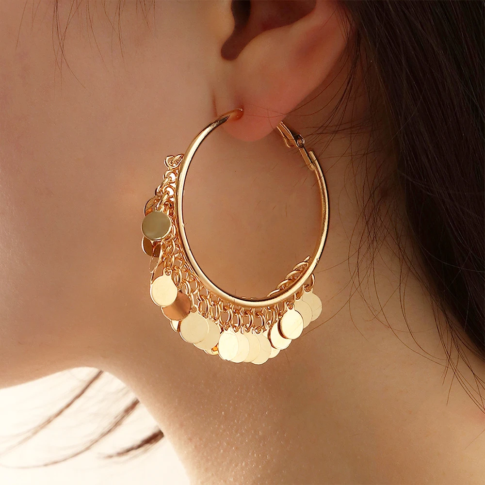 BLIJERY New Fashion golden sequins metal tassel hoop earrings luxury trendy temperament earrings for women jewelry gift