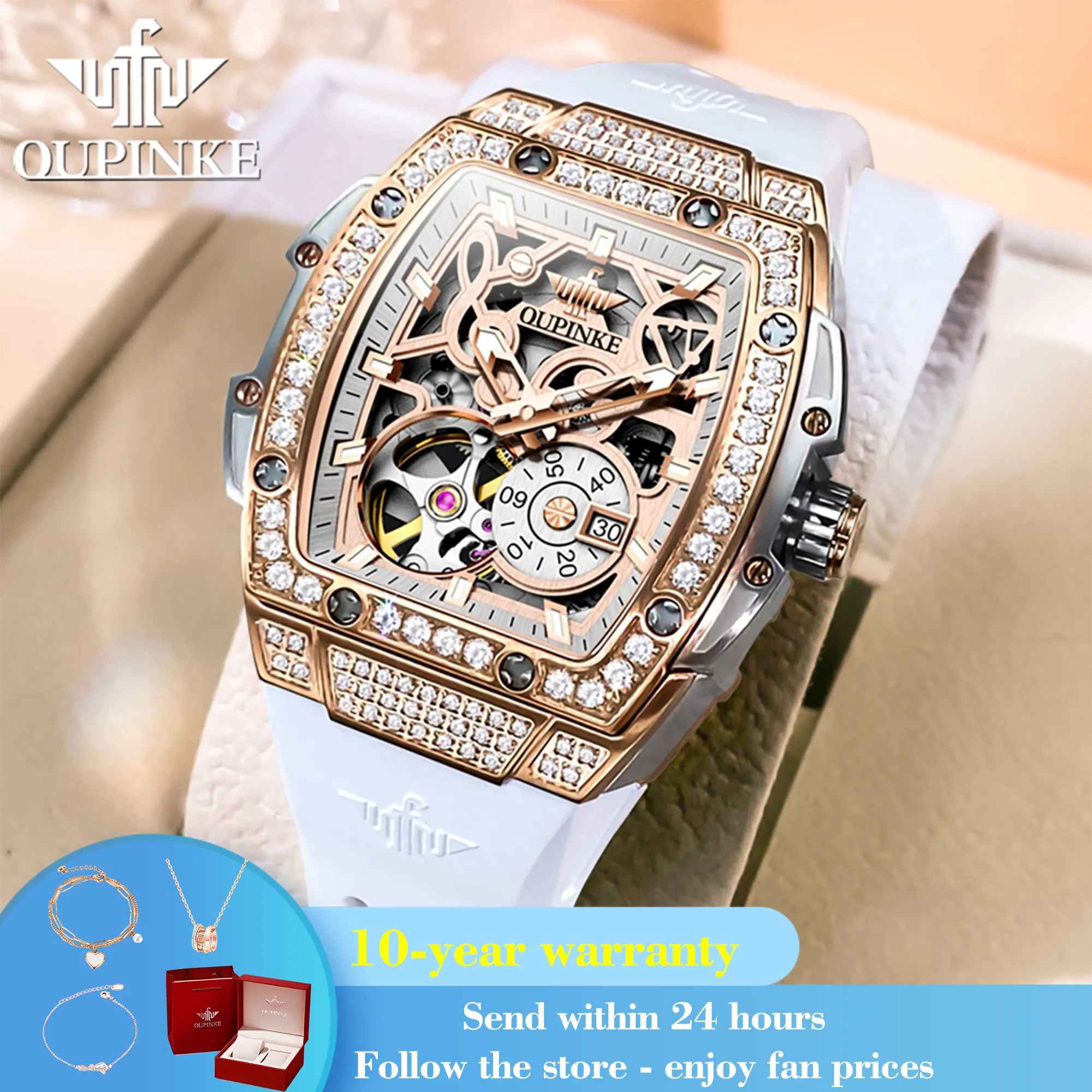 OUPINKE 3220 Flywheel Skeleton Mechanical Watch For Women Diamond Luxury Silicone Strap Wristwatch Sapphire Mirror Dress Watch