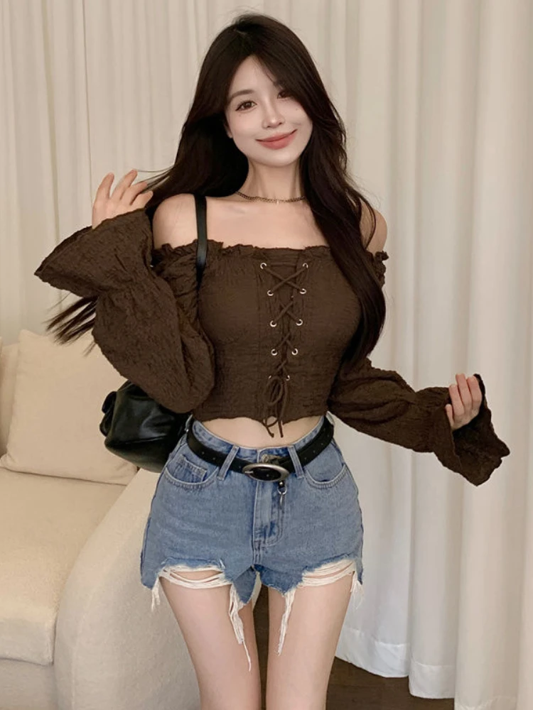 Blouses Women Slash Neck Daily Designer Vintage Fashion Students Sexy Elegant Bandage Comfortable Korean Style Slim Solid Simple