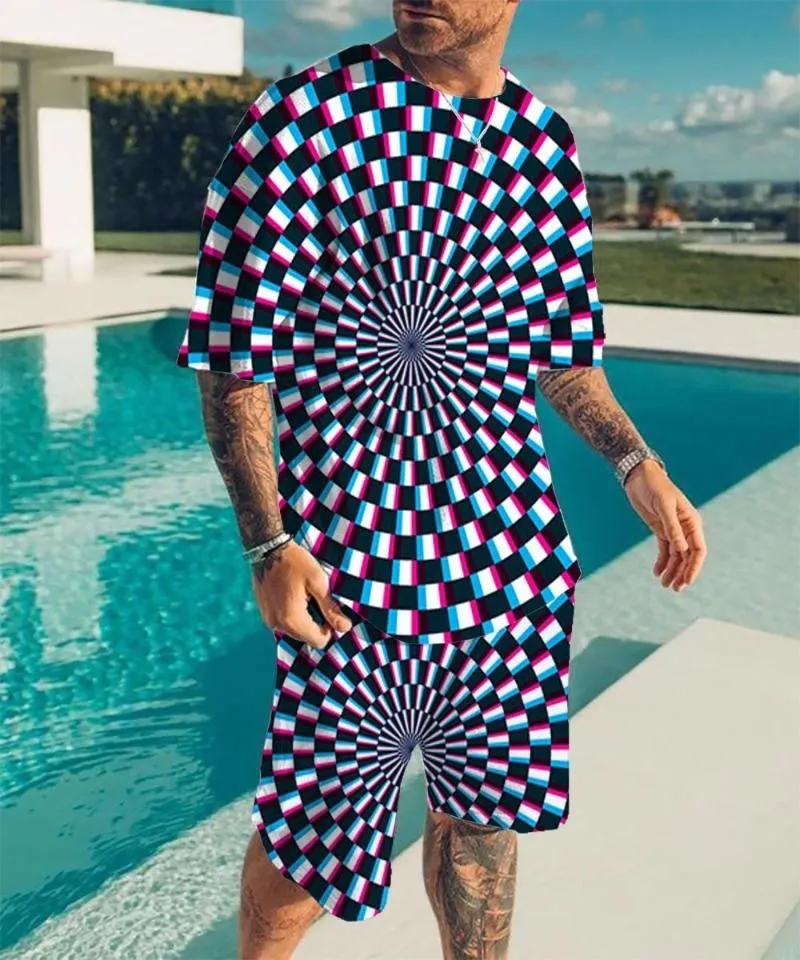 Men's Round Neck T-shirt Set New Printing Optical Illusion Pattern T-shirt Two Piece Set Fashion Men's Summer T-shirt Sets