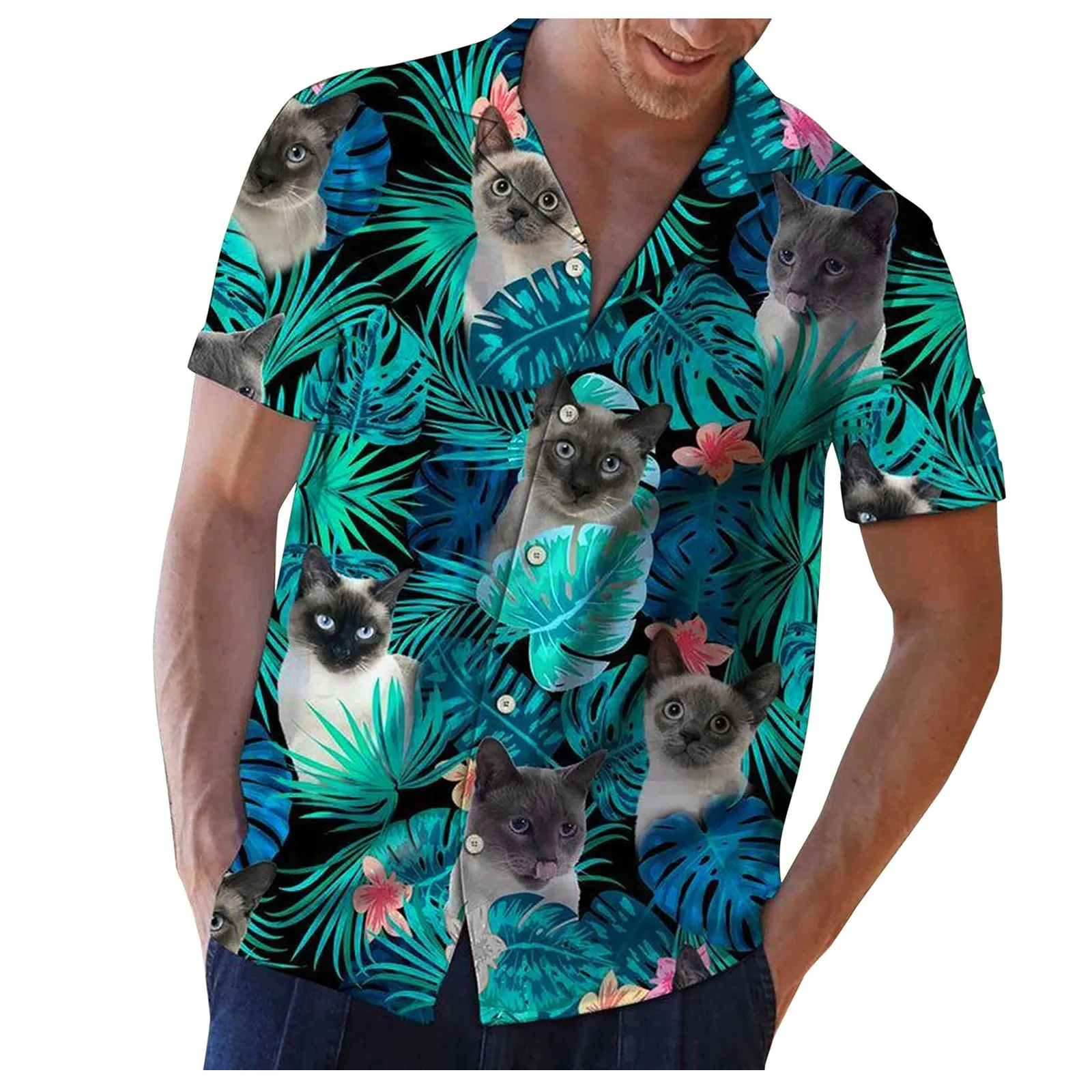 Chemise d'été hawaïenne pour hommes, motif tropical, chien, chat, animaux de compagnie, floral, imprimé en 3D, décontracté, Harajuku, vêtements de plage, grande taille 5XL