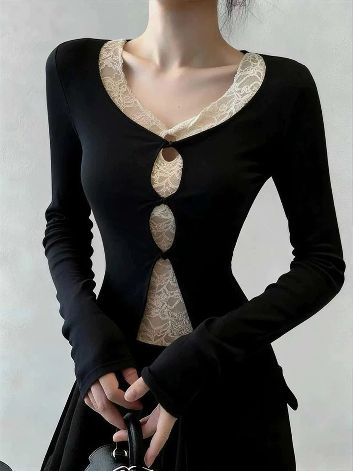 

Lace Splice Fake Two-Piece Knitted Sweater Women's Autumn Winter Slim Fit Hollow V-Ne Bla Base irt Inner Wear