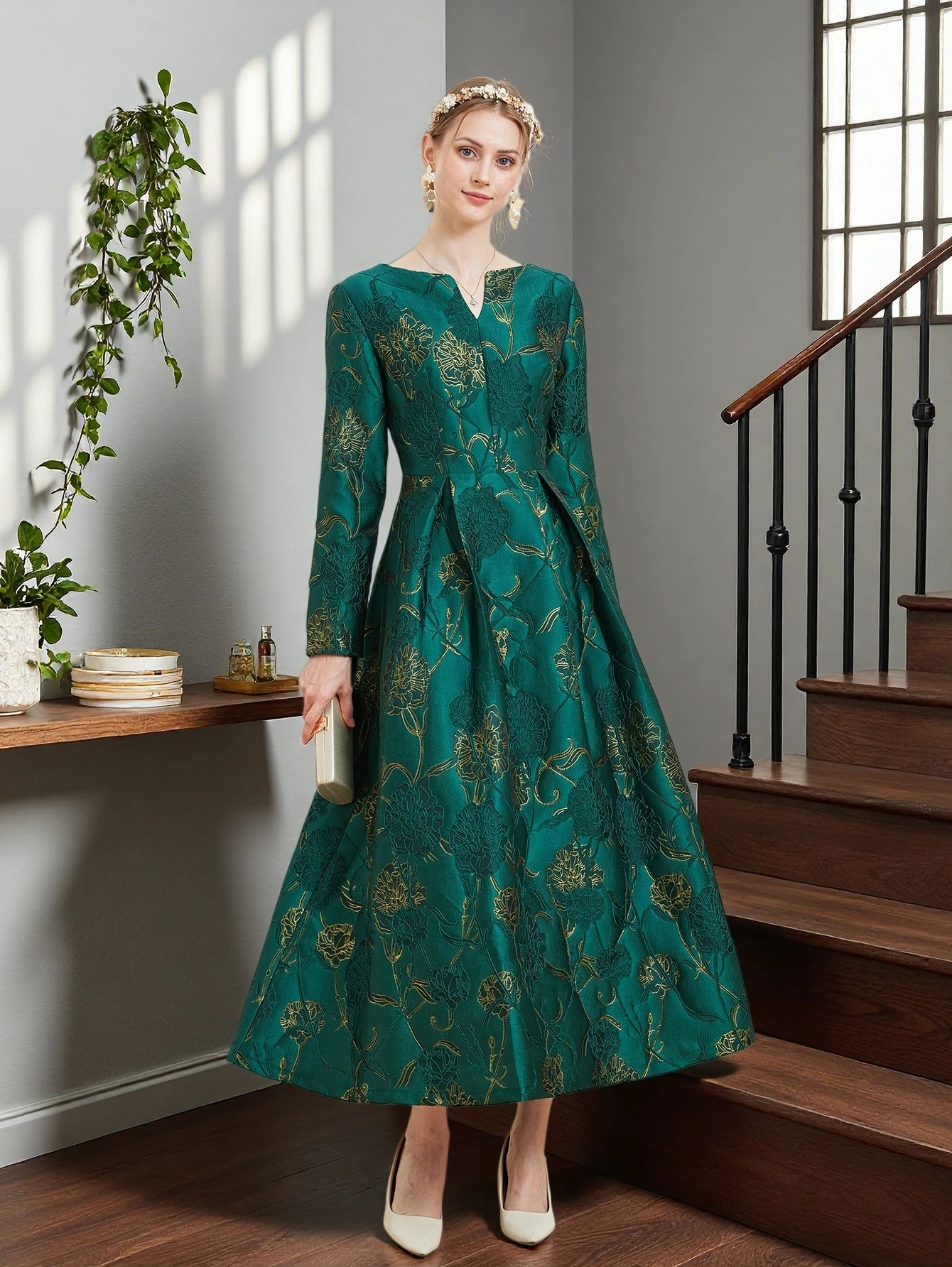 

DEVCHATA Elegant Women Long Sleeve Dress Floral Jacquard Vintage Evening Events Party Dress New Arrival Fashion Ball Gown Dress