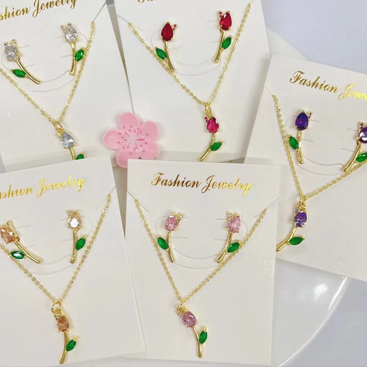 

1 set of fashionable light luxury copper plating color retention flower tulip necklace stud earring set jewelry party party gift