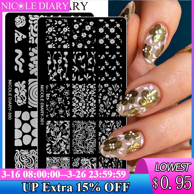 NICOLE DIARY Blumenblätter Nagelstempelplatten Bildübertragungsvorlage Geometrische Blume Edelstahl Schablone Nail Art Tools