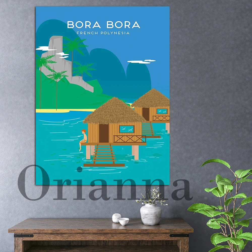 Bora Bora Französisch Polynesien Über Wasser Bungalows Strand Retro Reise Wand Kunst Leinwand Drucke Poster Wohnzimmer Decor Malerei