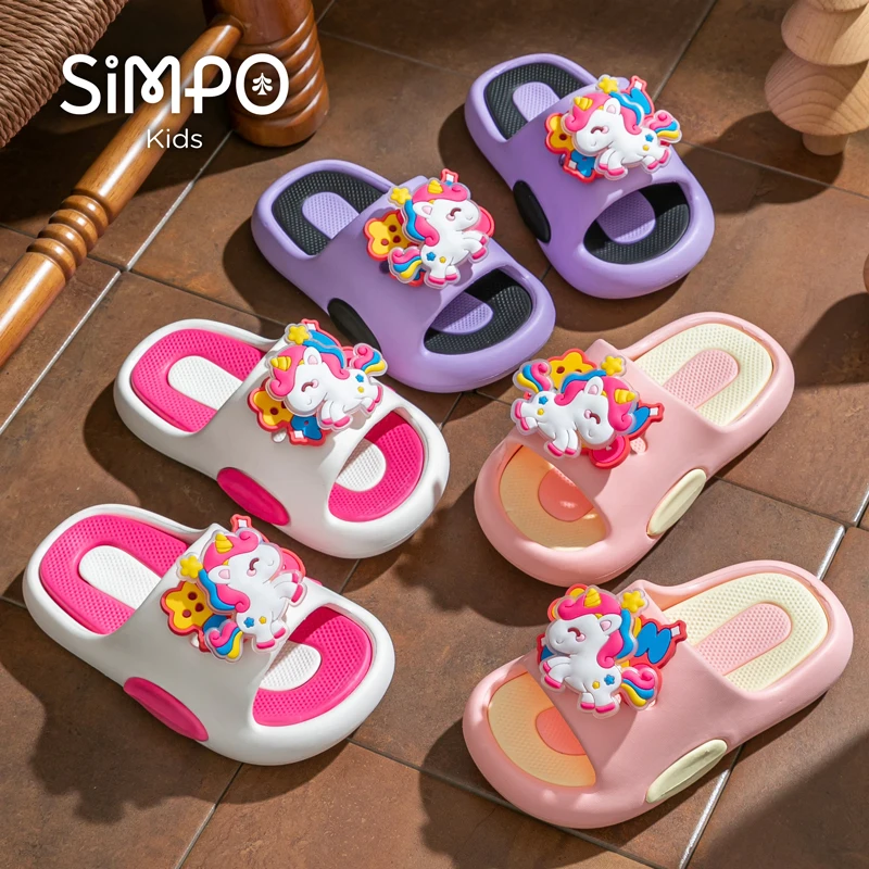 

Милые тапочки для девочек с вращающимися единорогами, мягкая и толстая подошва, противоскользящие шлепанцы для малышей, хорошо подходят для дома и улицы, лето