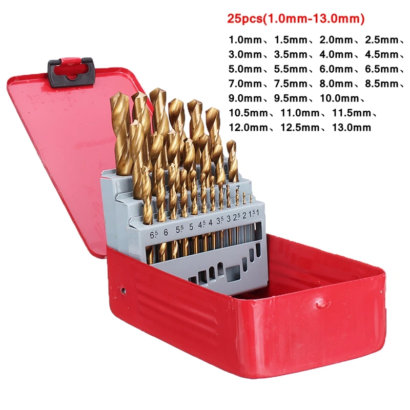 KIDO 13/19/25PCS 1.0~13mm HSS Ti Coated Drill Bits Straight Shank Set For Metal Woodworking Drilling Power Tools With Metal Box