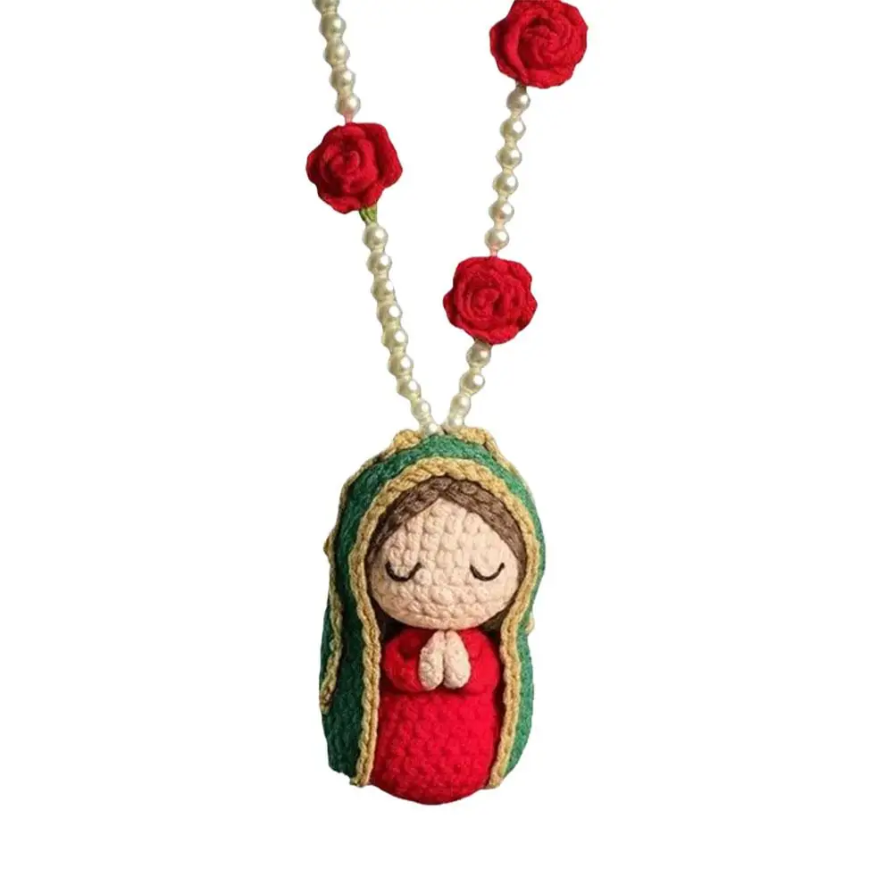 Hand Crochet Virgin Mary Car Hanging Pendant Cute Doll With Rose Sunflower Beaded Chain Religious Blessing Ornament Auto Decor