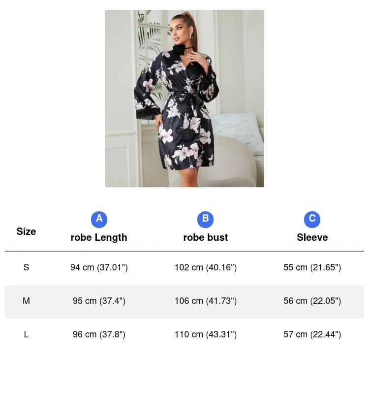 Женский халат из ледяного шелка с кружевной отделкой, атласное кимоно с цветочным принтом, короткая одежда для сна, ночная рубашка, лето-осень, повседневное нижнее белье, пижамы