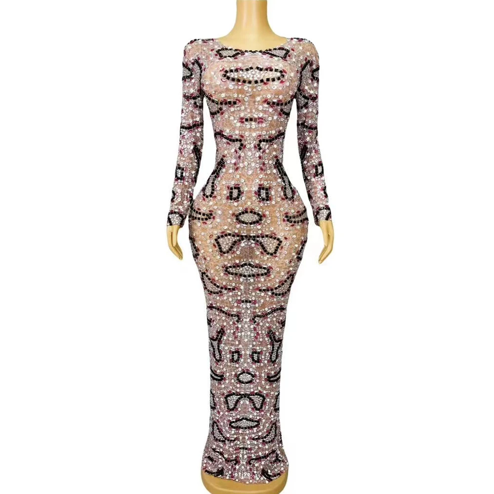 

Sexy Sparkly Rhinestones Long Sleeves Mesh Maxi Dress Women Elegant Guest Club Party Evening Red Carpet Gown Stage Costume