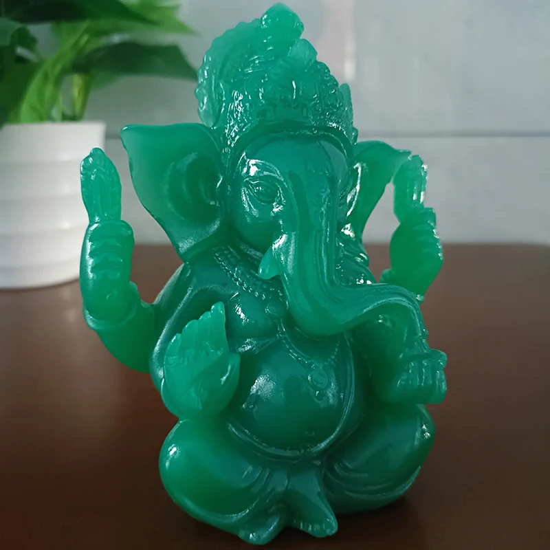 11CM Jade Colour Lord Ganesha Buddha Statue India Elephant God Ganesh Sculpture Buddha Statues Feng Shui Home Garden Decoration