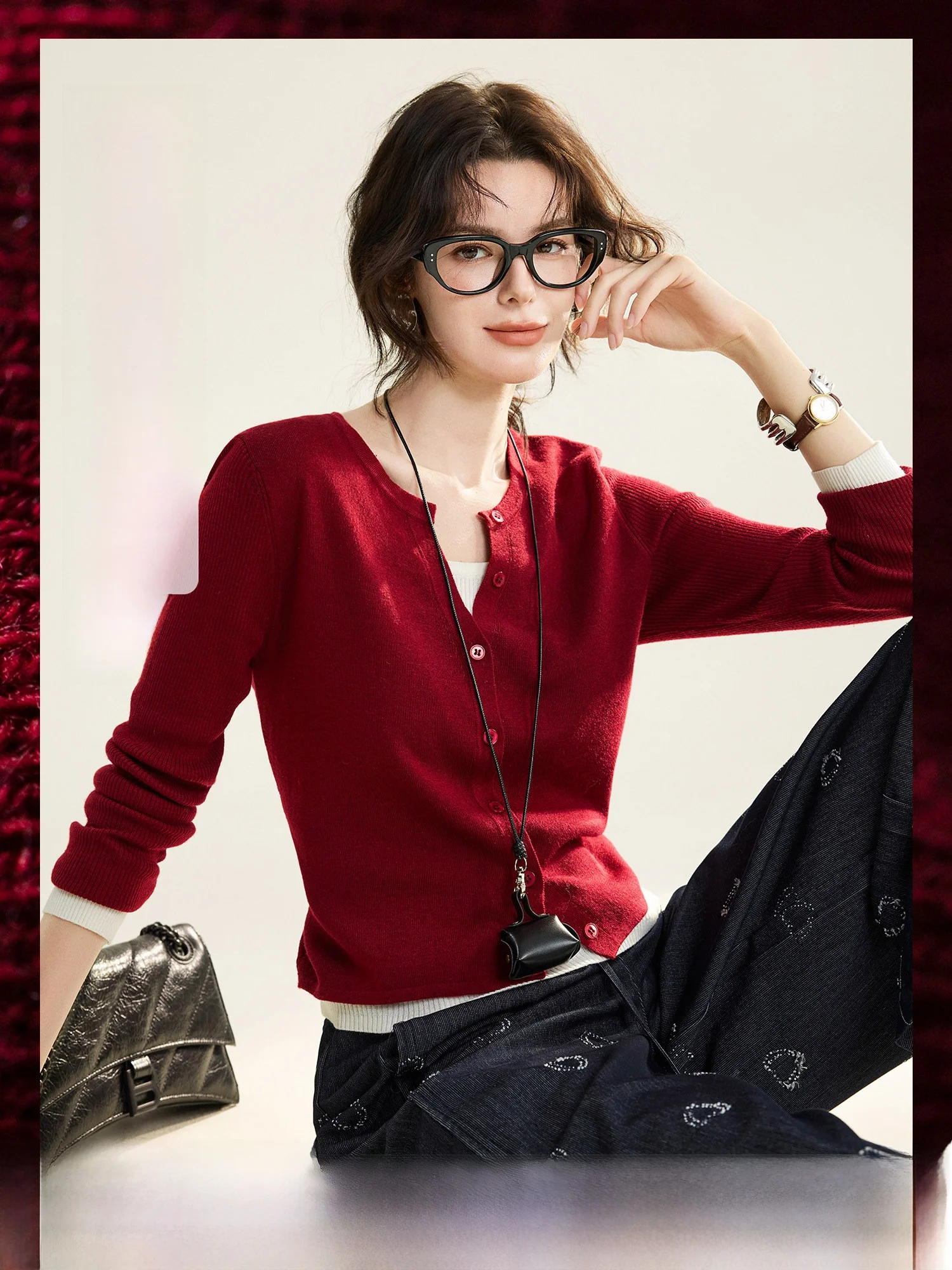 

New Year Red Color Blo Silk Woolen Sweater Casual Loose Fit V-Ne Long Sve Knitted Top for Women Spring Season