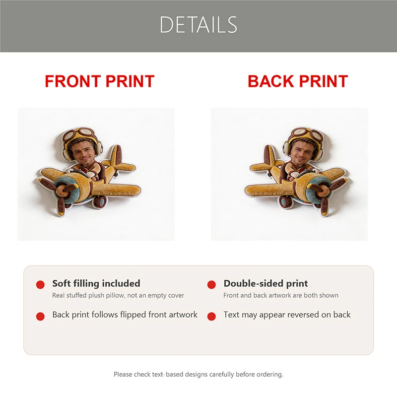 Custom Personalized Photo Face Pillow, Pilot Airplane Shaped Decorative Cushion, Unique 70cm Home Decor Accent for Sofa & Bedroo
