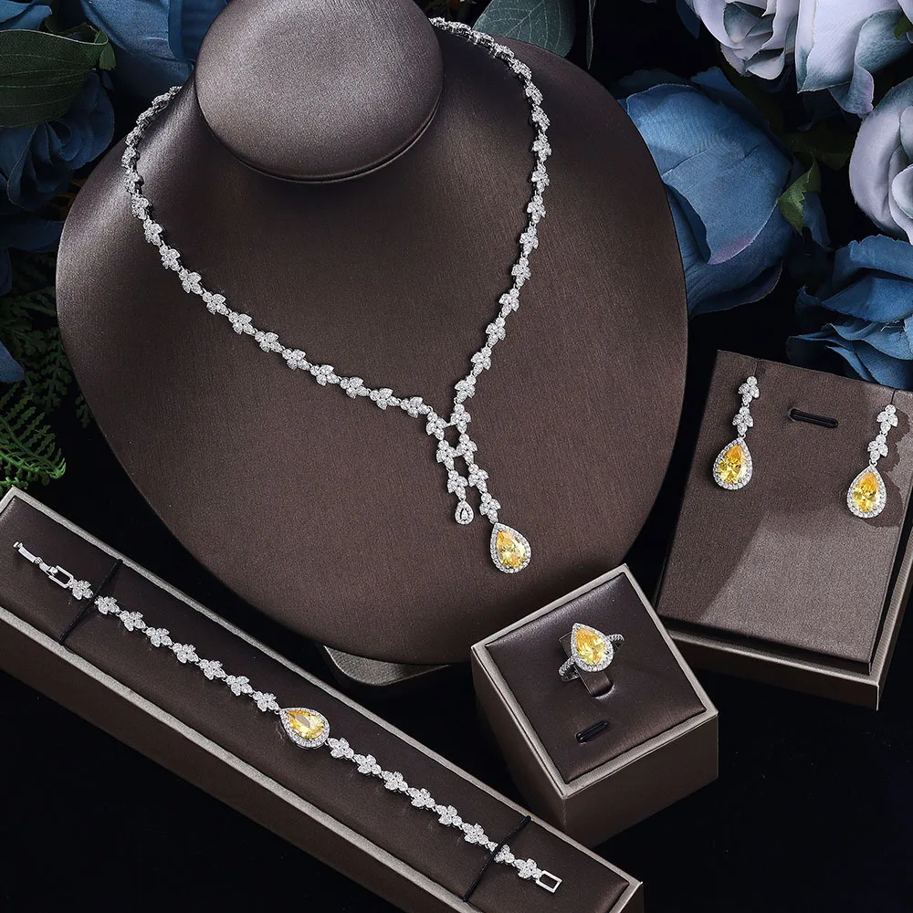 Bohemian Women Jewelry Set Water Drop Clavicle Necklace Earrings Ring Bracelet Inlaid Zircon Wedding Evening Party Christmas Gif