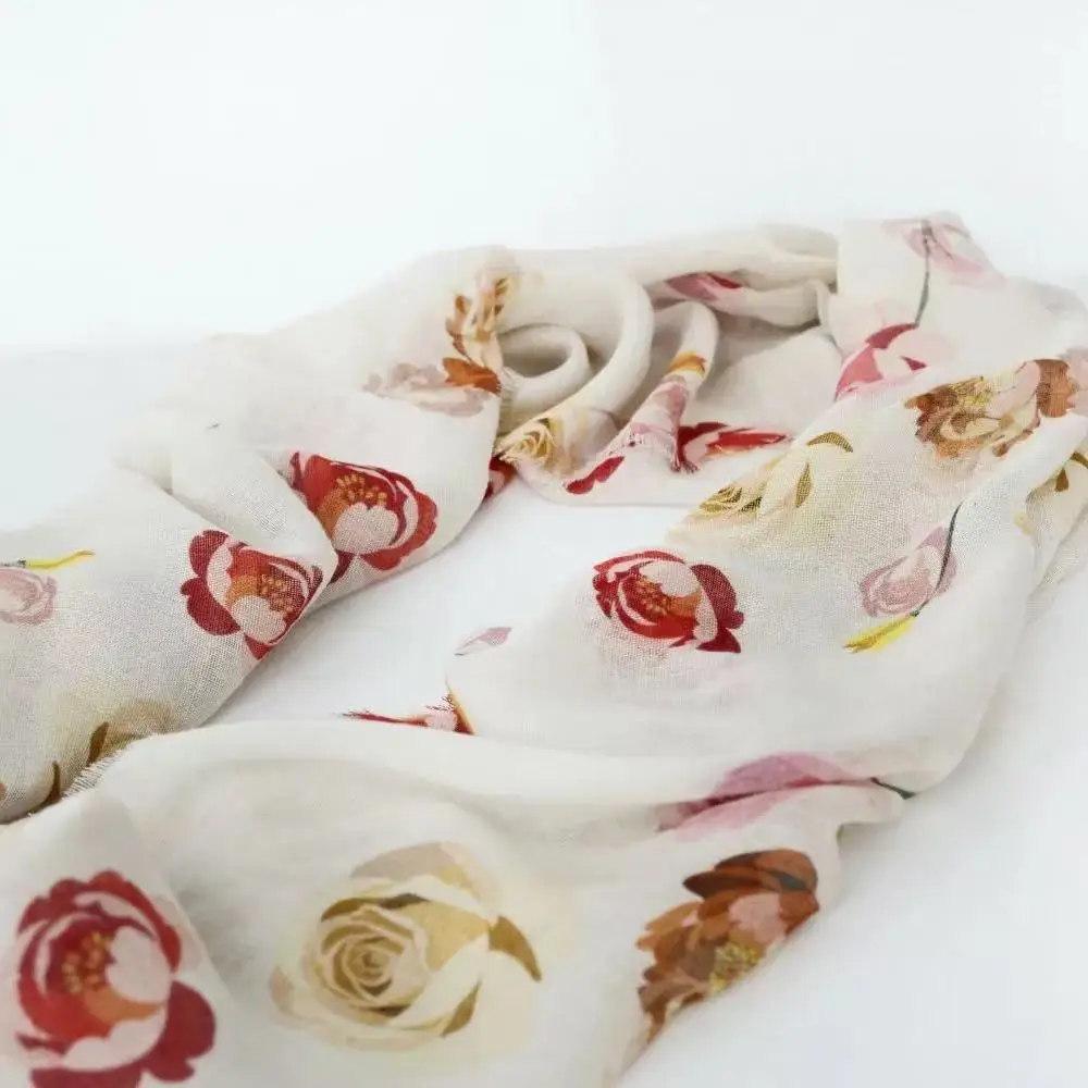 

30% Linen 70% Modal Rose Floral Neck Scarves for Women Accesories Soft Vintage Brand Headscarf Elegant Women's Shawl