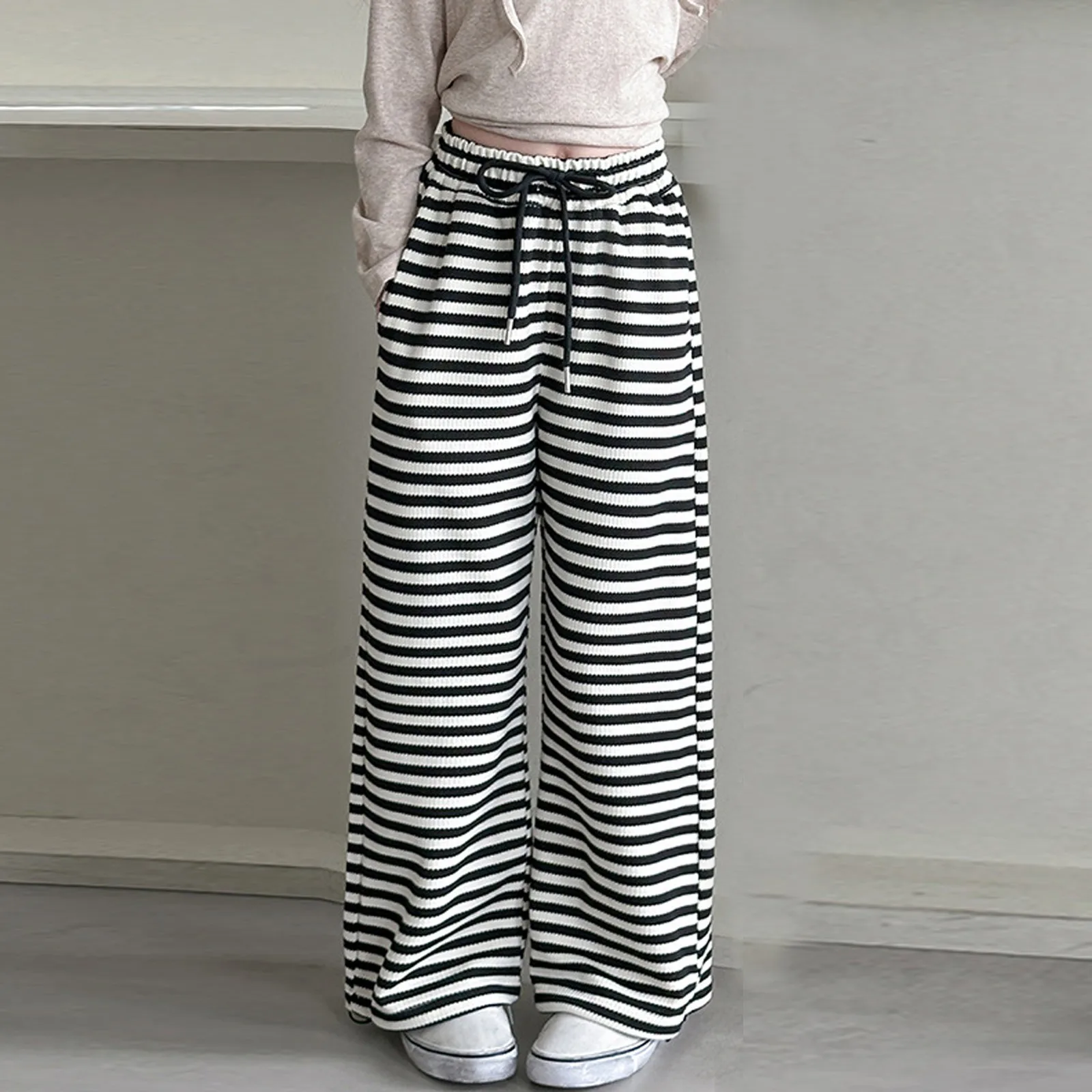 

Spring summer girls' casual pants black and white striped straight leg pants loose wide leg pants pocket drawstring trousers