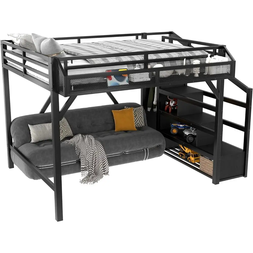 Cama de Metal Queen Size com LED, Portas USB, Escadas de Armazenamento, Guarda-Roupa Aberto, Adequada para Crianças e Adultos, Sem Box Spring, Preta