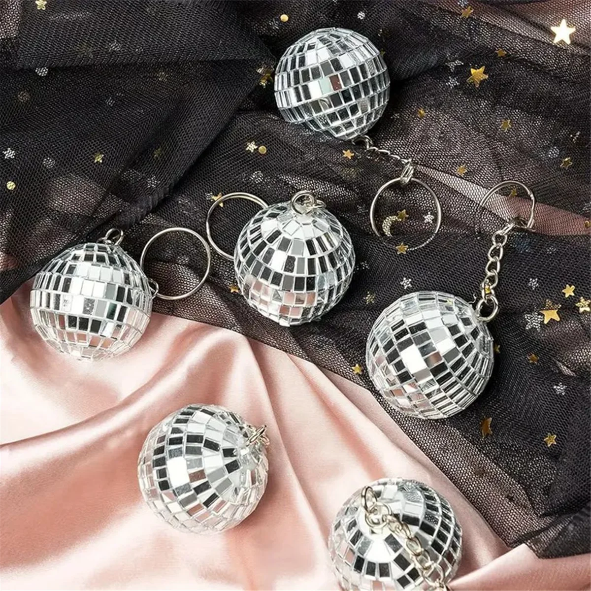 ELBA_12 pcs Mirror Disco Ball Keychain with Drawstring Sheer Organza Bags