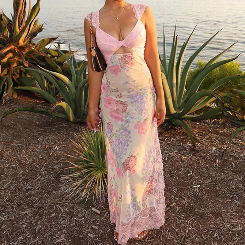 Zeyla Abito da spiaggia floreale 2025 da donna Primavera Sheer con scollo a V Scava fuori Maxi abito da vacanza sexy Boho Chic Y2K Sirena Abito lungo