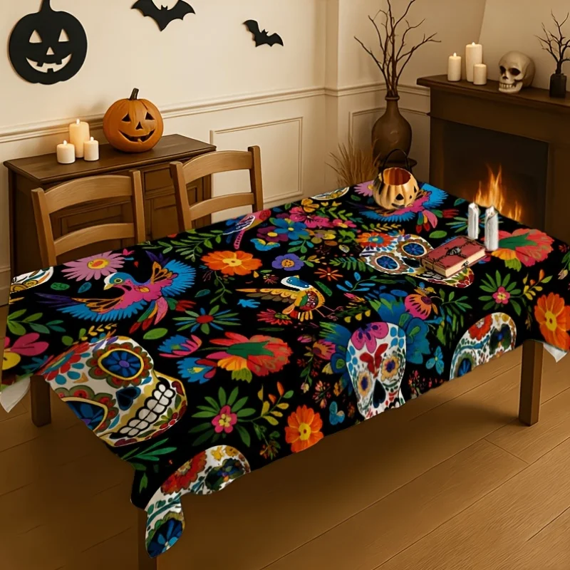 Une nappe rectangulaire de style mexicain ornée d'un motif de crâne et de fleurs colorées, décoration de table.zyc