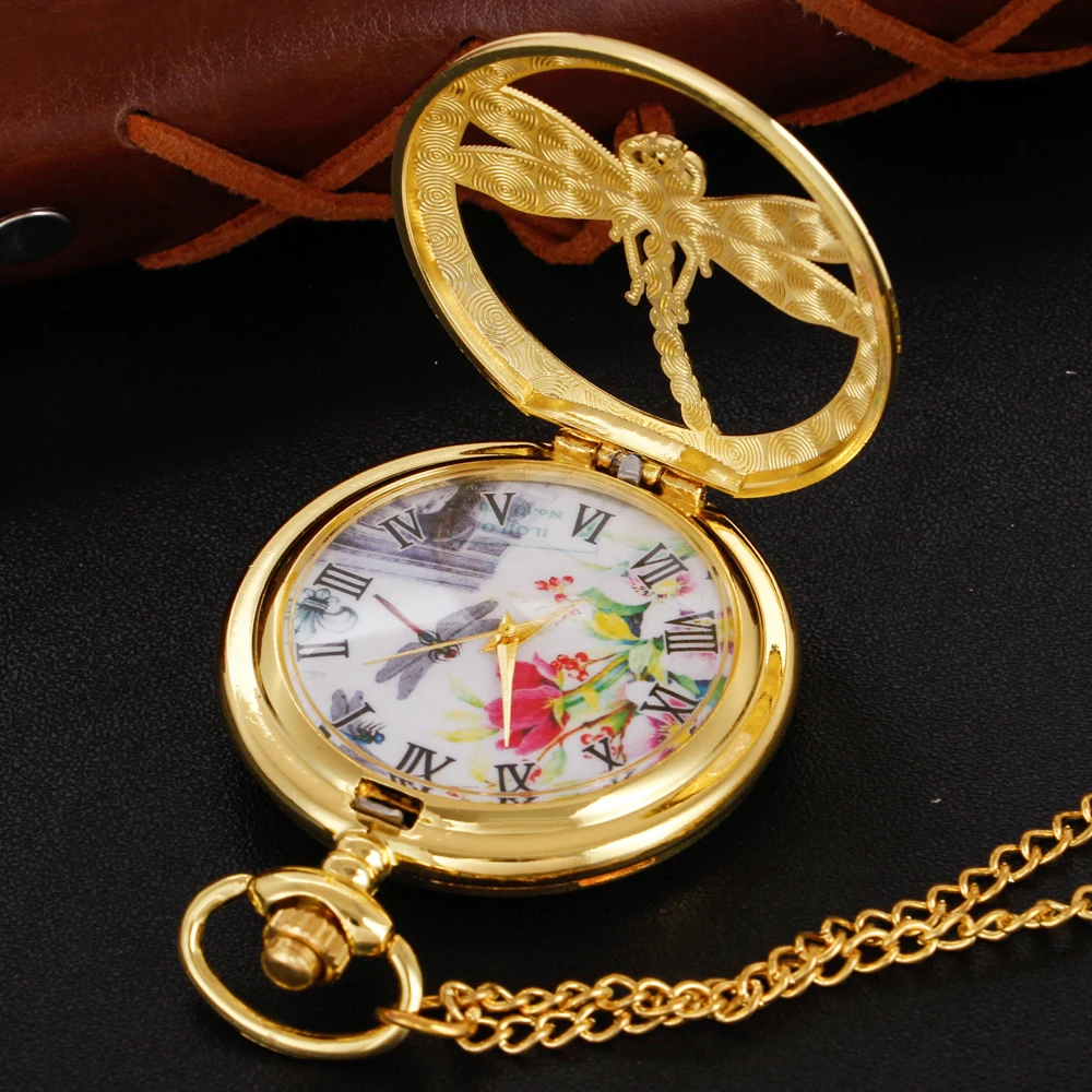 Exquisite Insect Dragonfly Specimen Gold Cute Mini Quartz Pocket Watch Men and Women Necklace Clock Fashion Gift Accessories